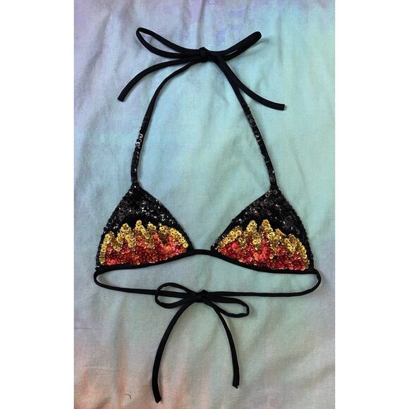 Vintage Y2K Sequin Flame Bikini Triangle Bra Top Cyber Rave Beaded Dance Size S - Picture 1 of 6